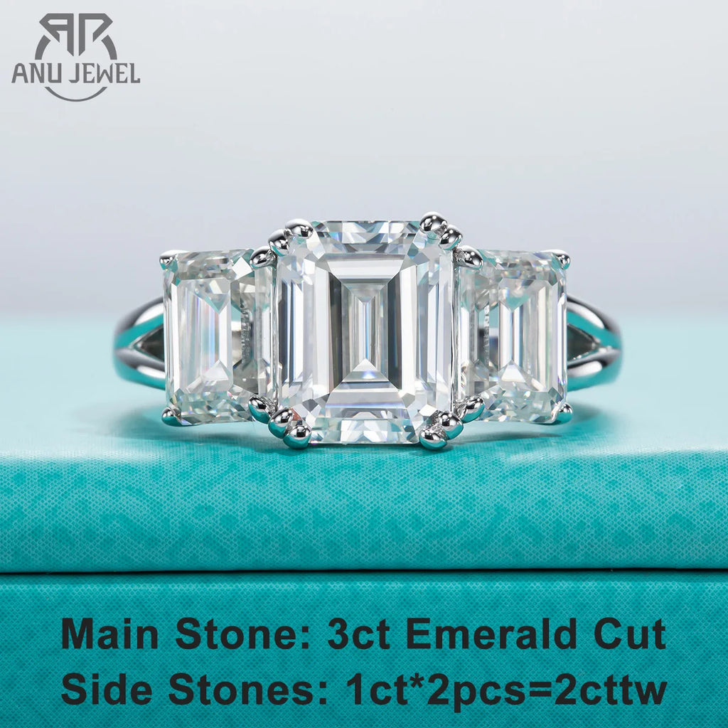 5cttw emerald moissanite three-stone ring, S925 sterling silver — Aurora Moissanite