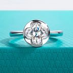 The Elia Ring worn — 2ct four-leaf clover cut moissanite bezel, S925 — Aurora Moissanite