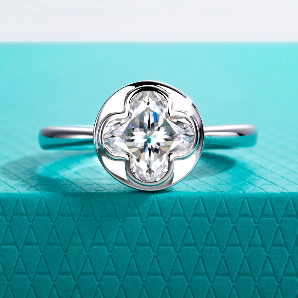 The Elia Ring worn — 2ct four-leaf clover cut moissanite bezel, S925 — Aurora Moissanite