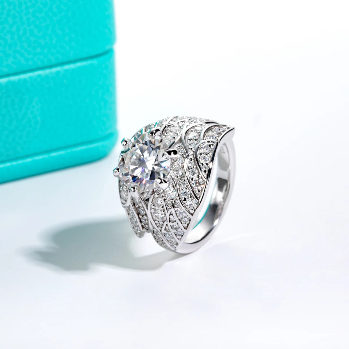 4ct moissanite angel wing engagement ring, side profile, S925 silver — Aurora Moissanite