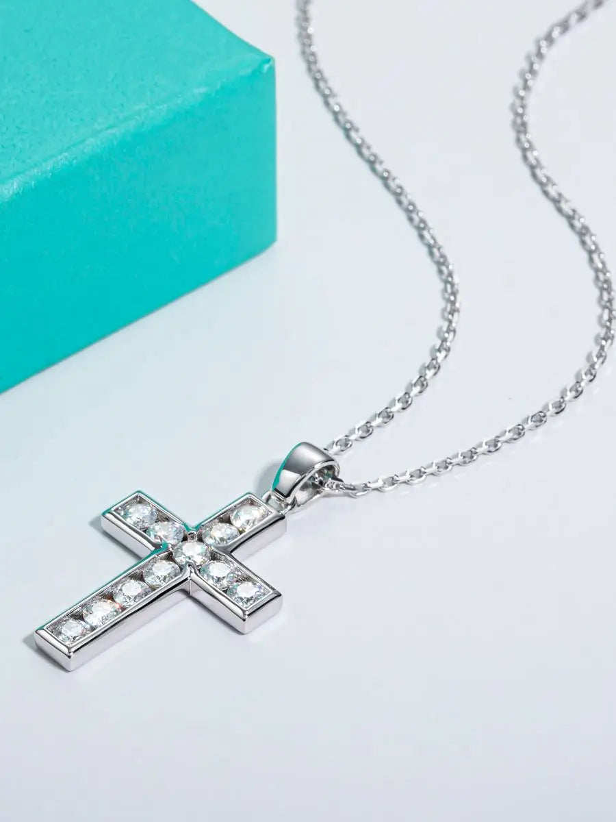 The Crux Pendant worn — 2.2ct moissanite cross necklace on neck, S925 sterling silver — Aurora Moissanite