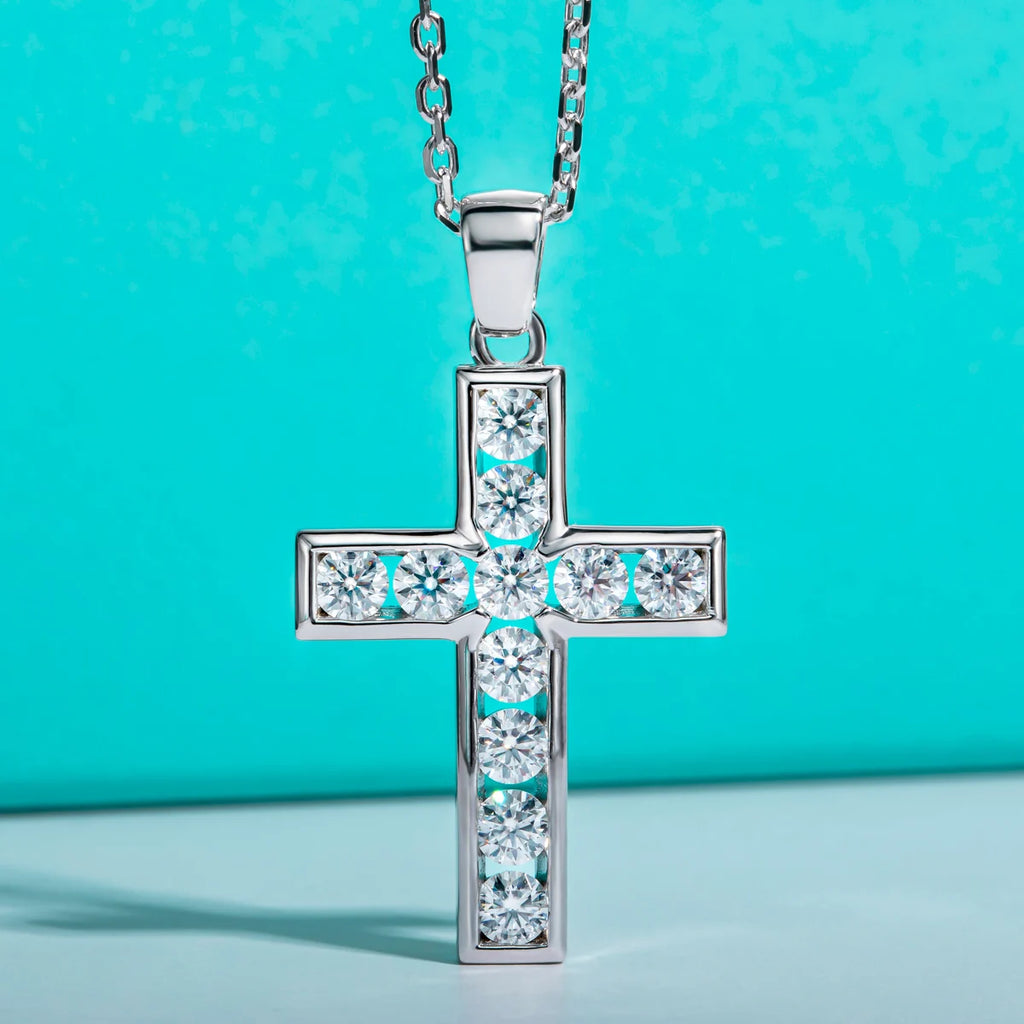 The Crux Pendant — moissanite cross necklace front view, D color VVS1, sterling silver — Aurora Moissanite