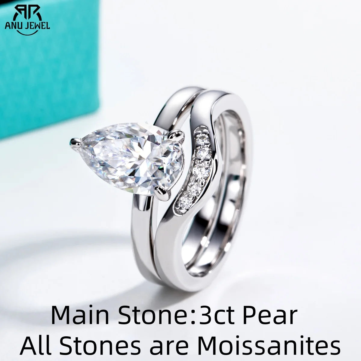 3ct pear moissanite bridal ring set, S925 sterling silver — Aurora Moissanite