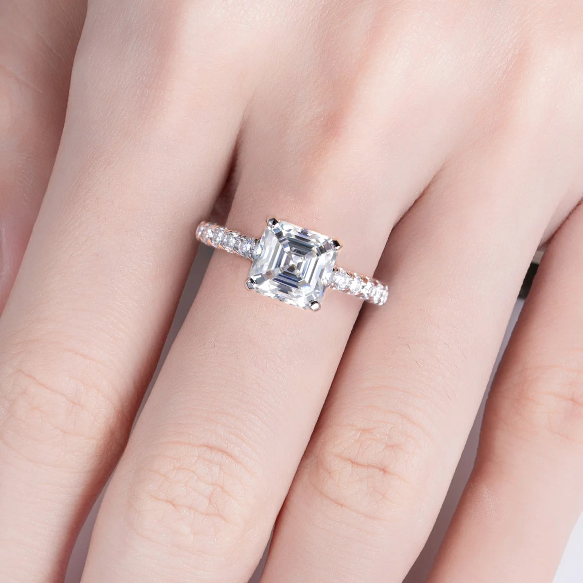 Asscher moissanite top view, 3ct D color concentric square facets — Aurora Moissanite