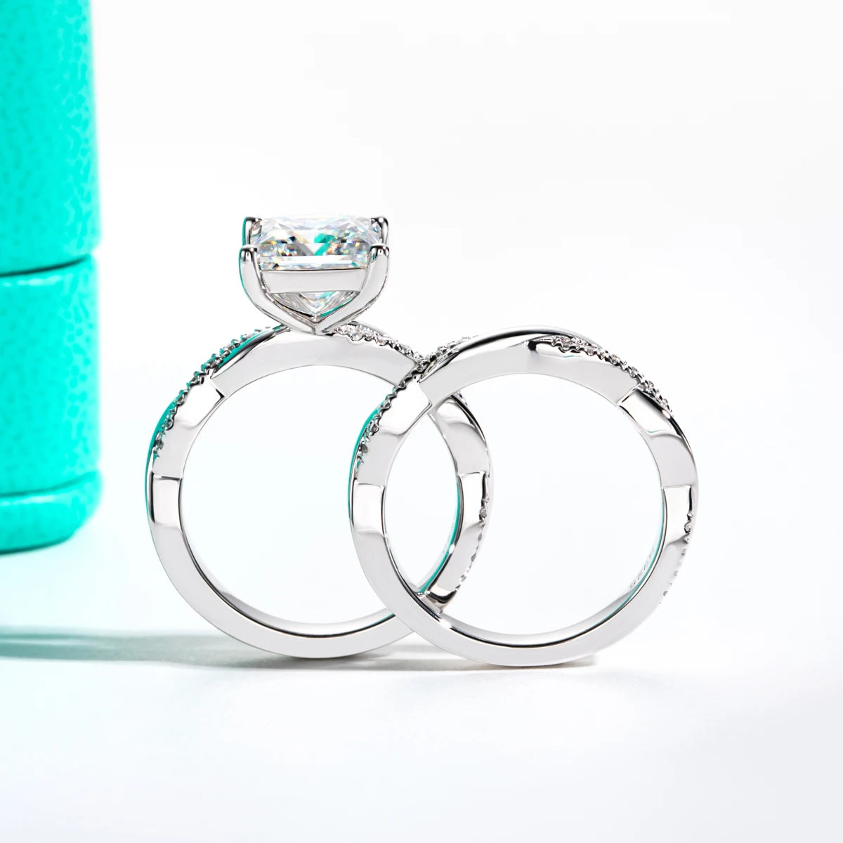 The Lana Ring worn — 3ct princess moissanite bridal set, S925 silver — Aurora Moissanite