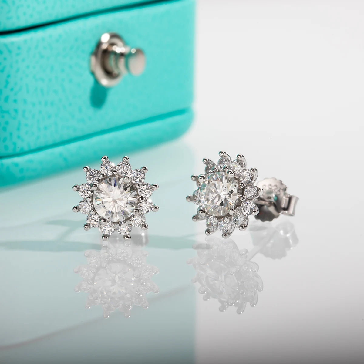1ct sunflower moissanite studs side view, S925 — Aurora Moissanite