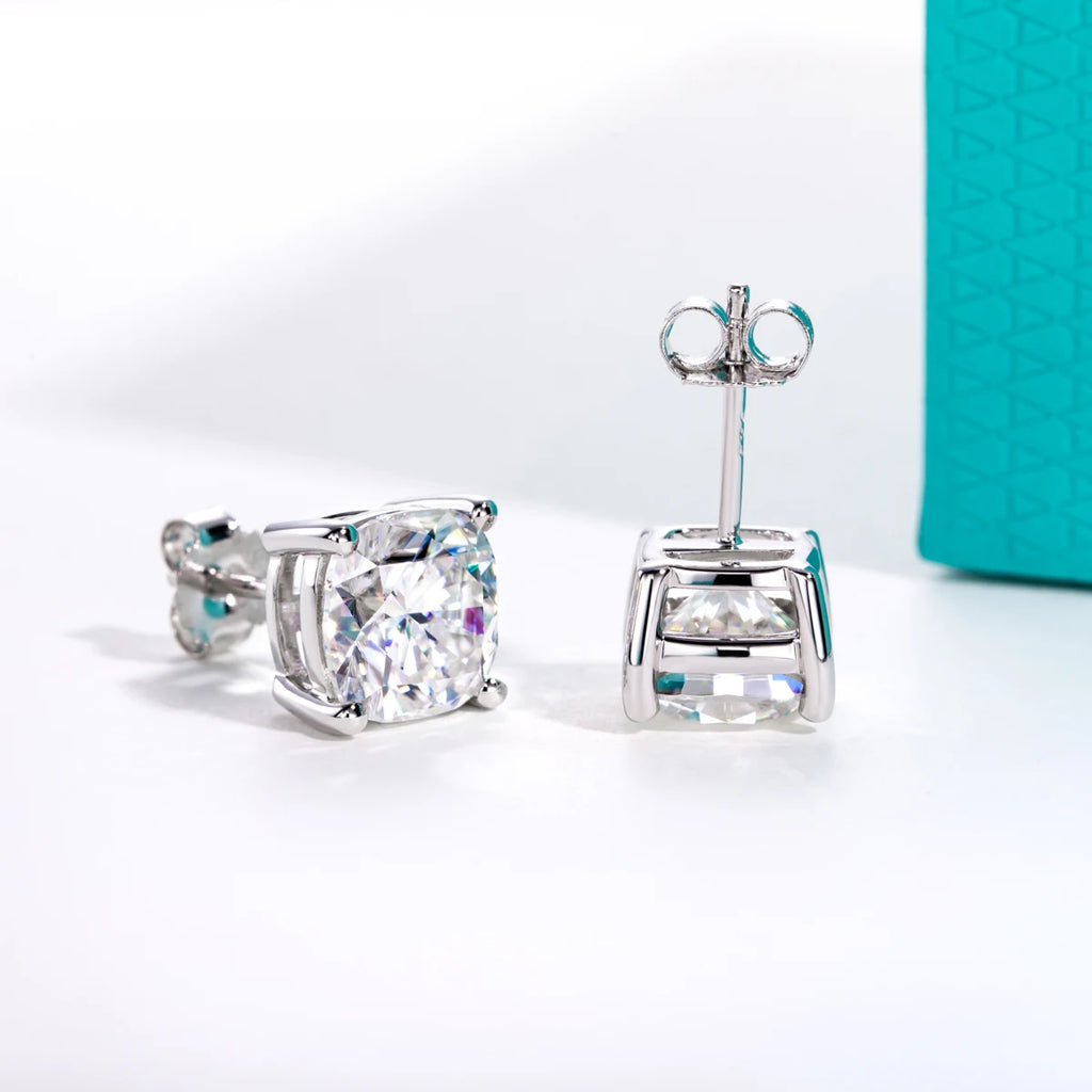 Moissanite stud earrings D color VVS1, cushion and oval cut options — Aurora Moissanite