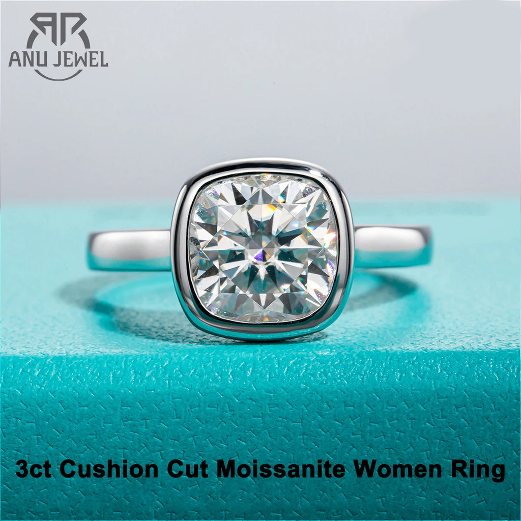 3ct cushion cut moissanite bezel engagement ring, S925 sterling silver — Aurora Moissanite