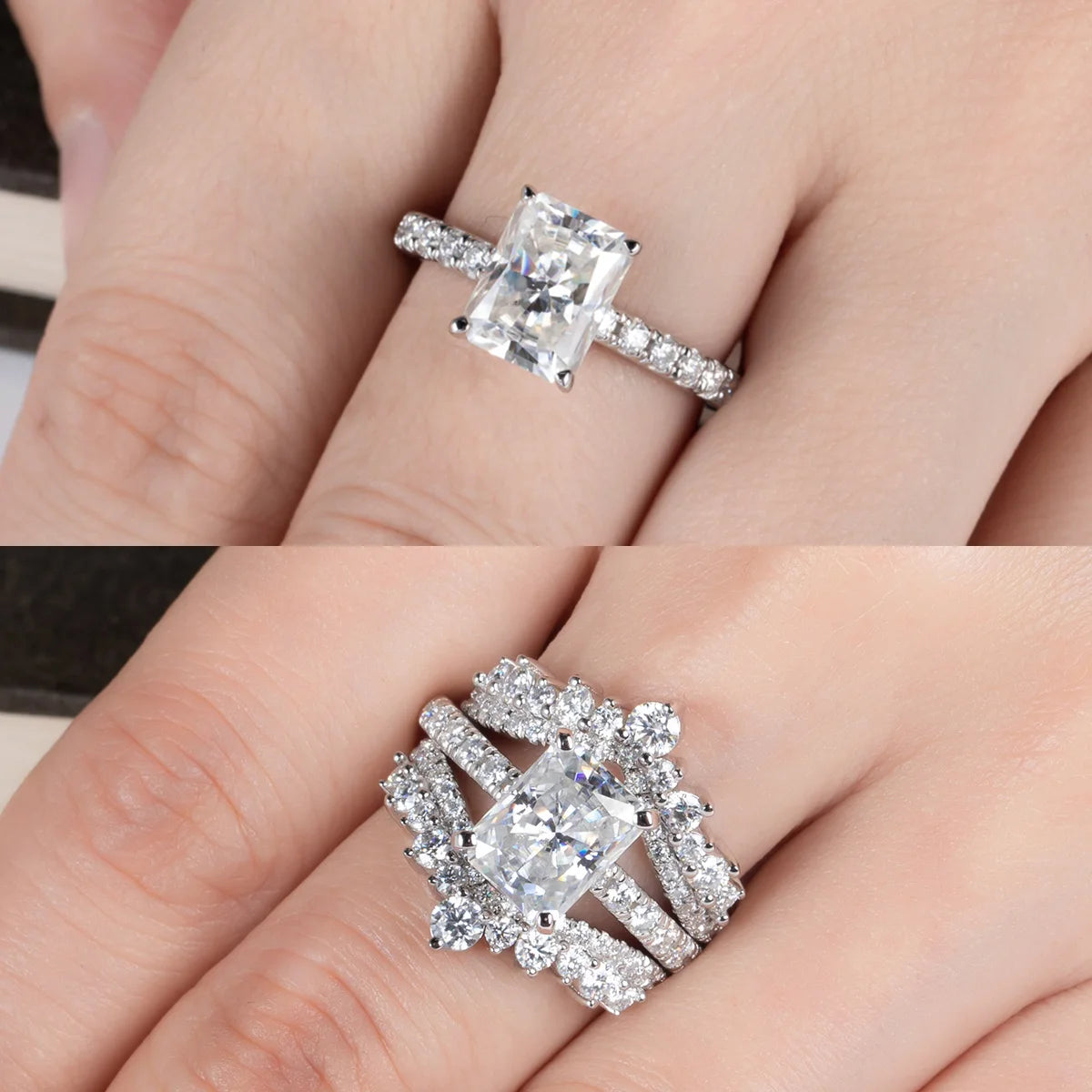 Radiant moissanite solitaire top view, 3ct D color rectangular cut — Aurora Moissanite