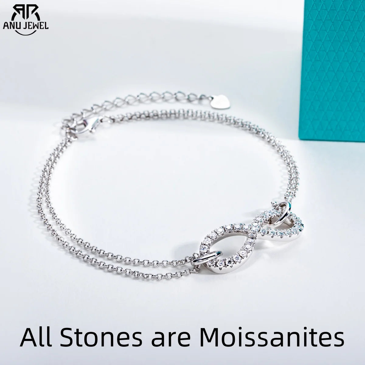 AnuJewel 1.7mm Moissanite Bow-Knot Bracelet 925 Sterling Silver Lab Created Diamond 18+5cm Adjustable Bracelets for Woman Gifts