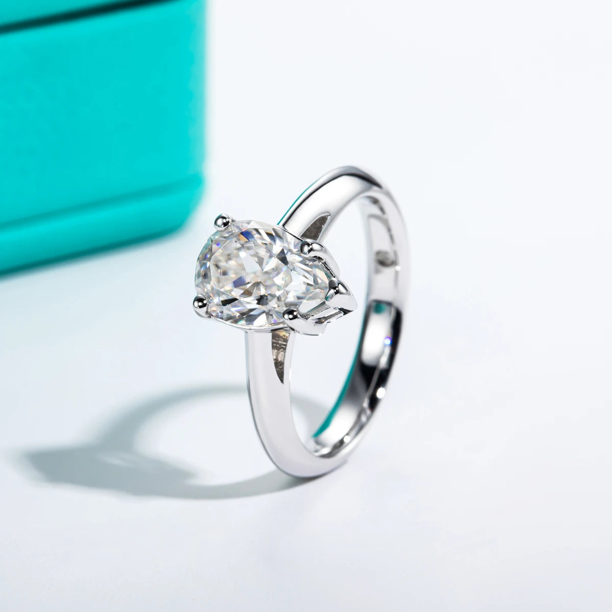 The Zara Ring — 2.5ct pear moissanite solitaire, front view — Aurora Moissanite