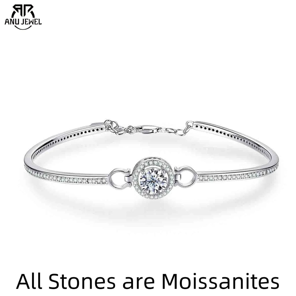 AnuJewel 1ct D Color Moissanite Bracelet 925 Sterling Silver 18K White Gold Plated Adjustable Bangle for Women
