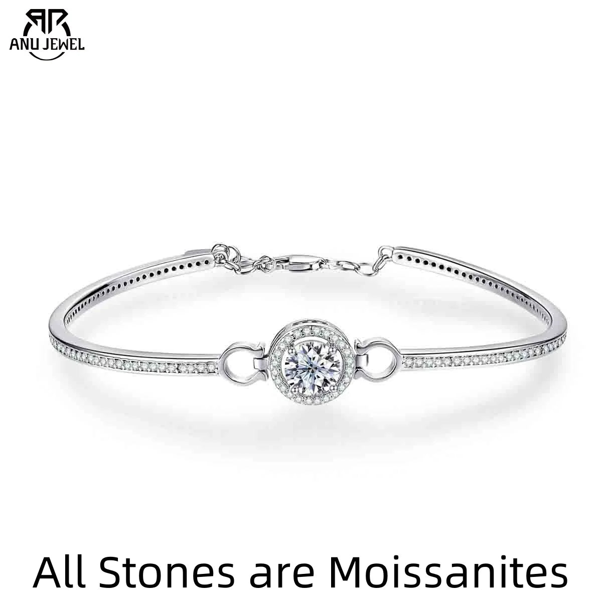 AnuJewel 1ct D Color Moissanite Bracelet 925 Sterling Silver 18K White Gold Plated Adjustable Bangle for Women