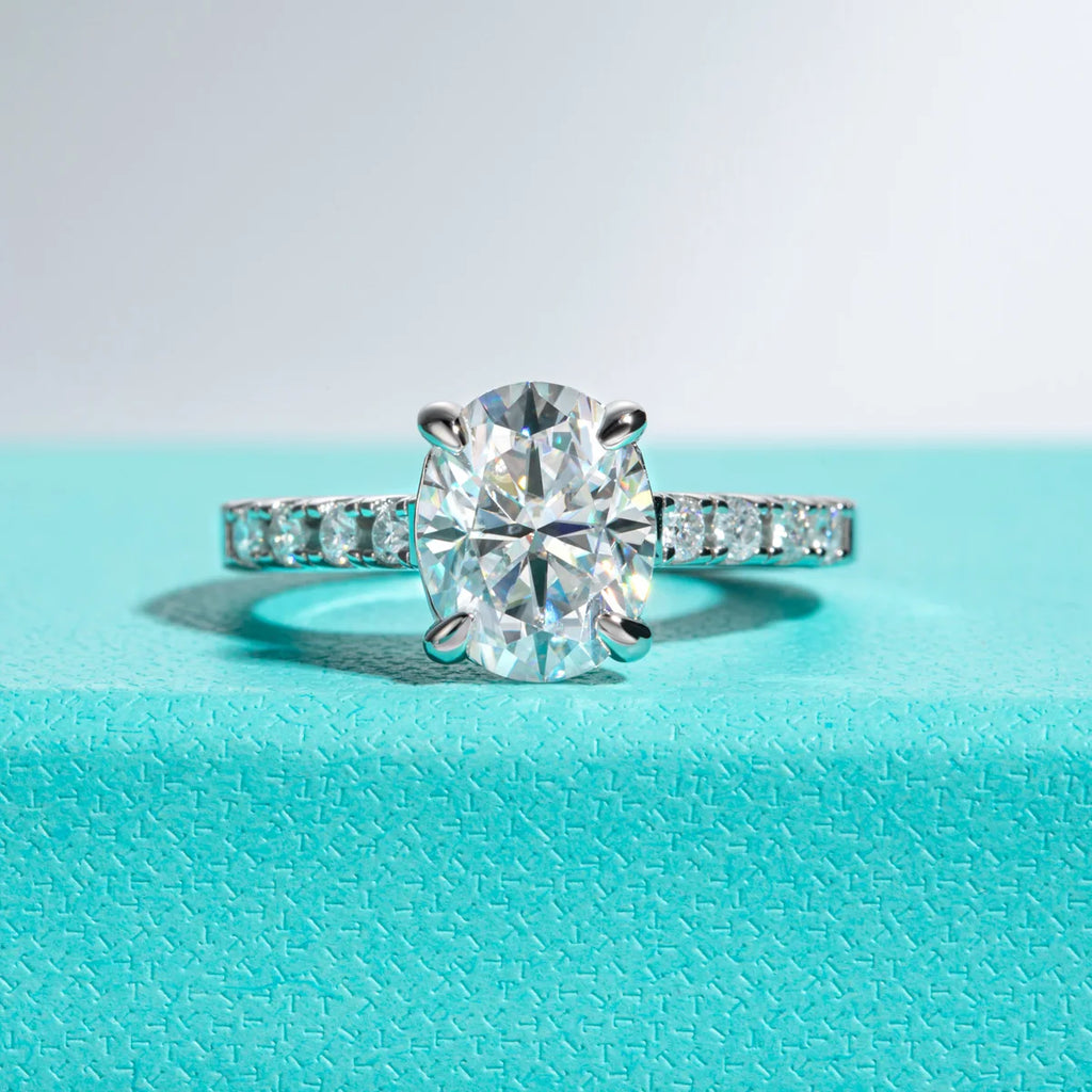 The Elan Ring — 3ct oval moissanite solitaire, front view — Aurora Moissanite