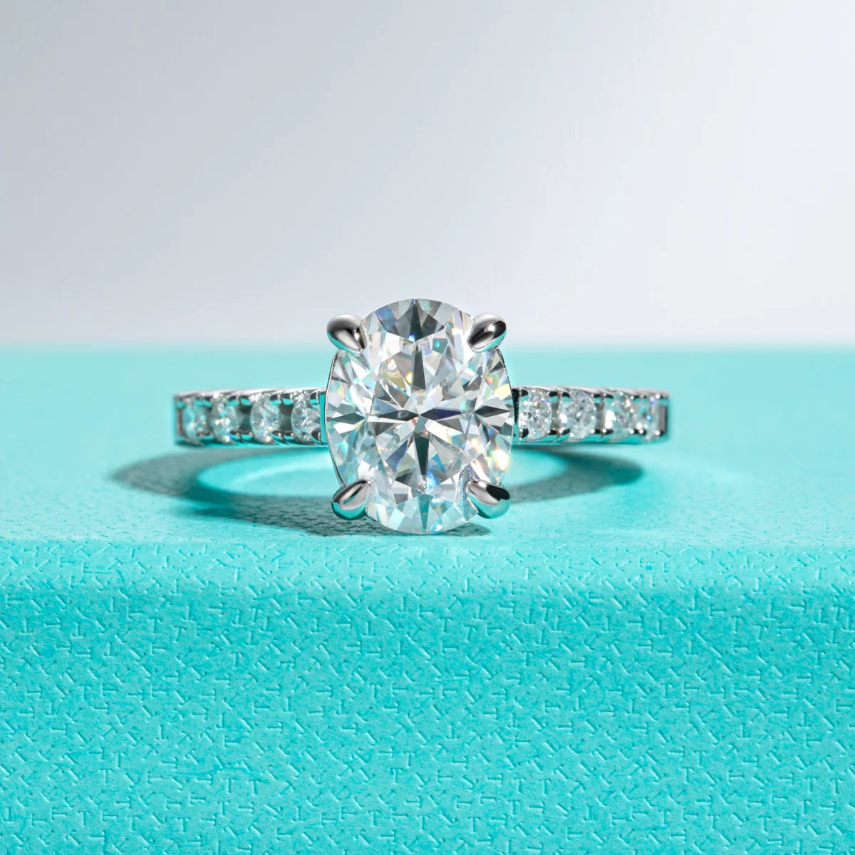 The Elan Ring — 3ct oval moissanite solitaire, front view — Aurora Moissanite