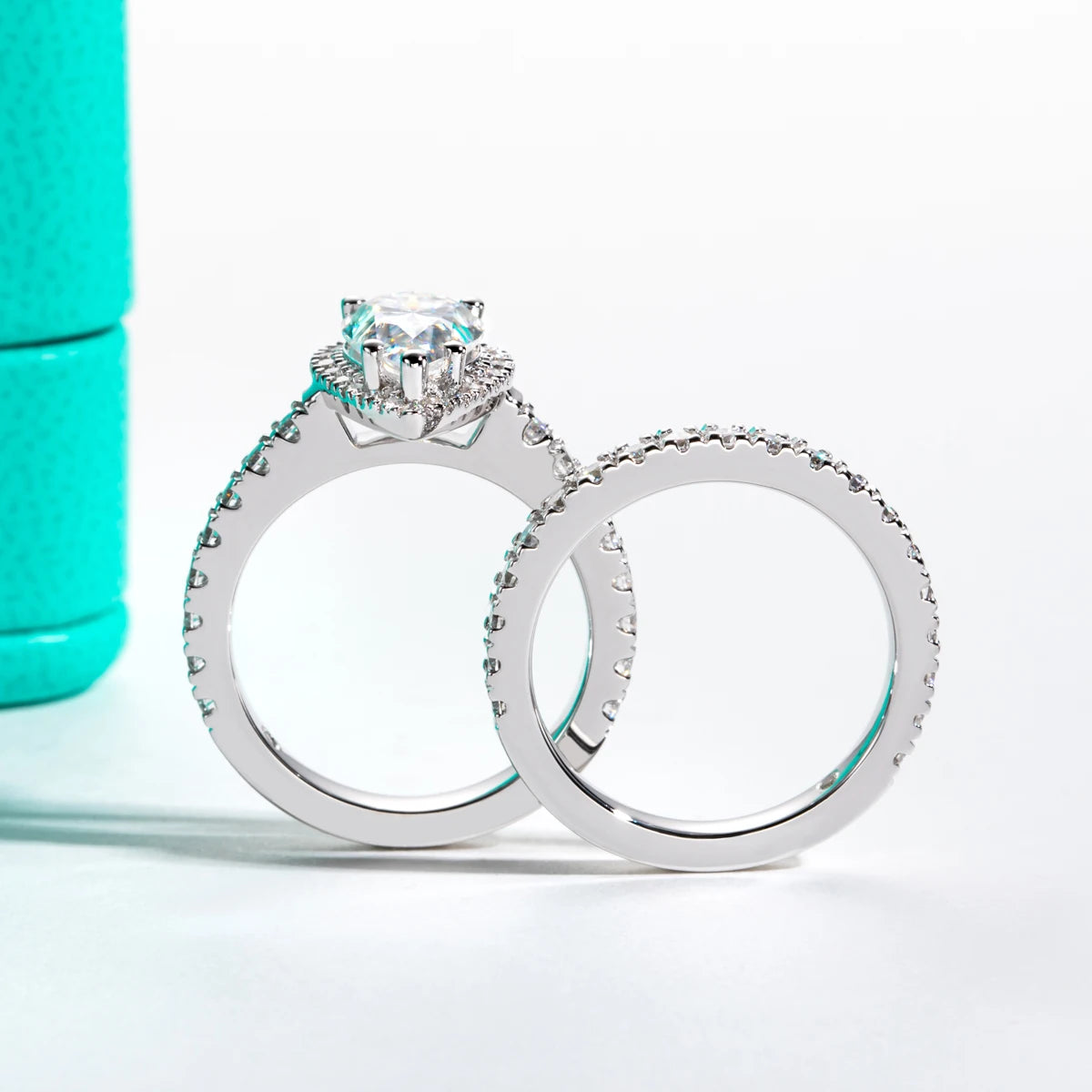 Pear moissanite 3ct halo D color VVS1 bridal set, engagement ring and band — Aurora Moissanite