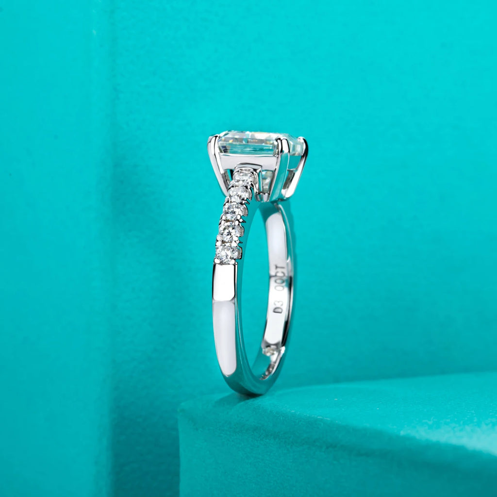 3ct asscher moissanite ring, side profile, S925 silver — Aurora Moissanite