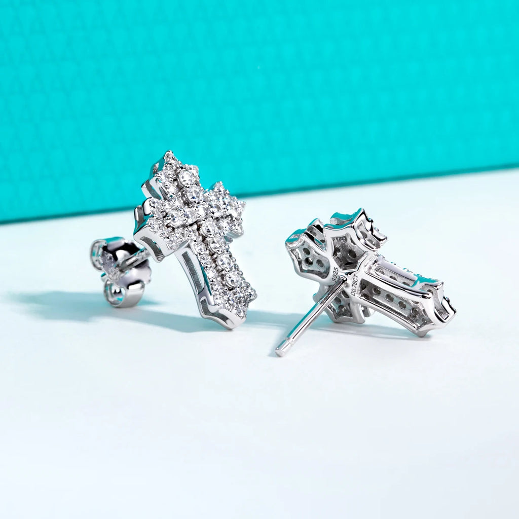 The Noir Earrings — 0.78cttw iced cross moissanite stud — Aurora Moissanite