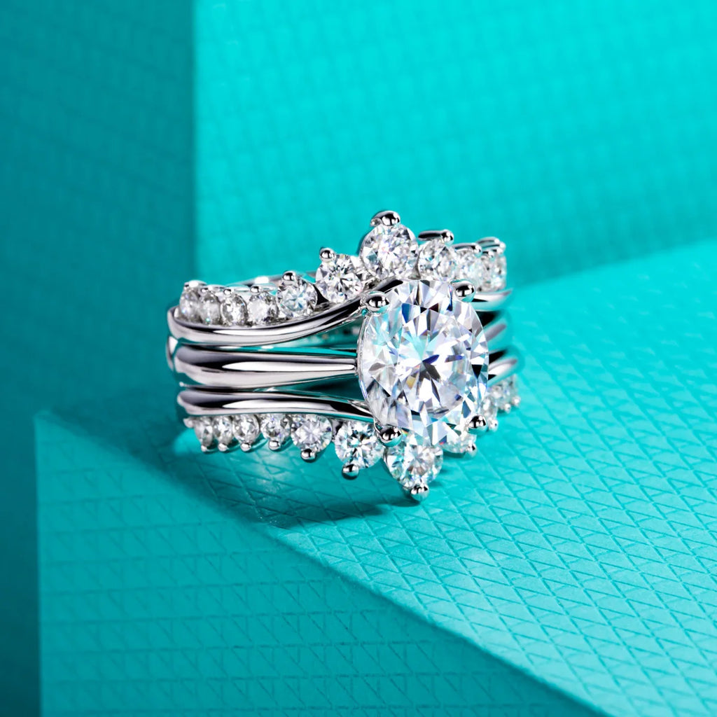 The Neva Ring — 3ct oval moissanite bridal set, front view — Aurora Moissanite