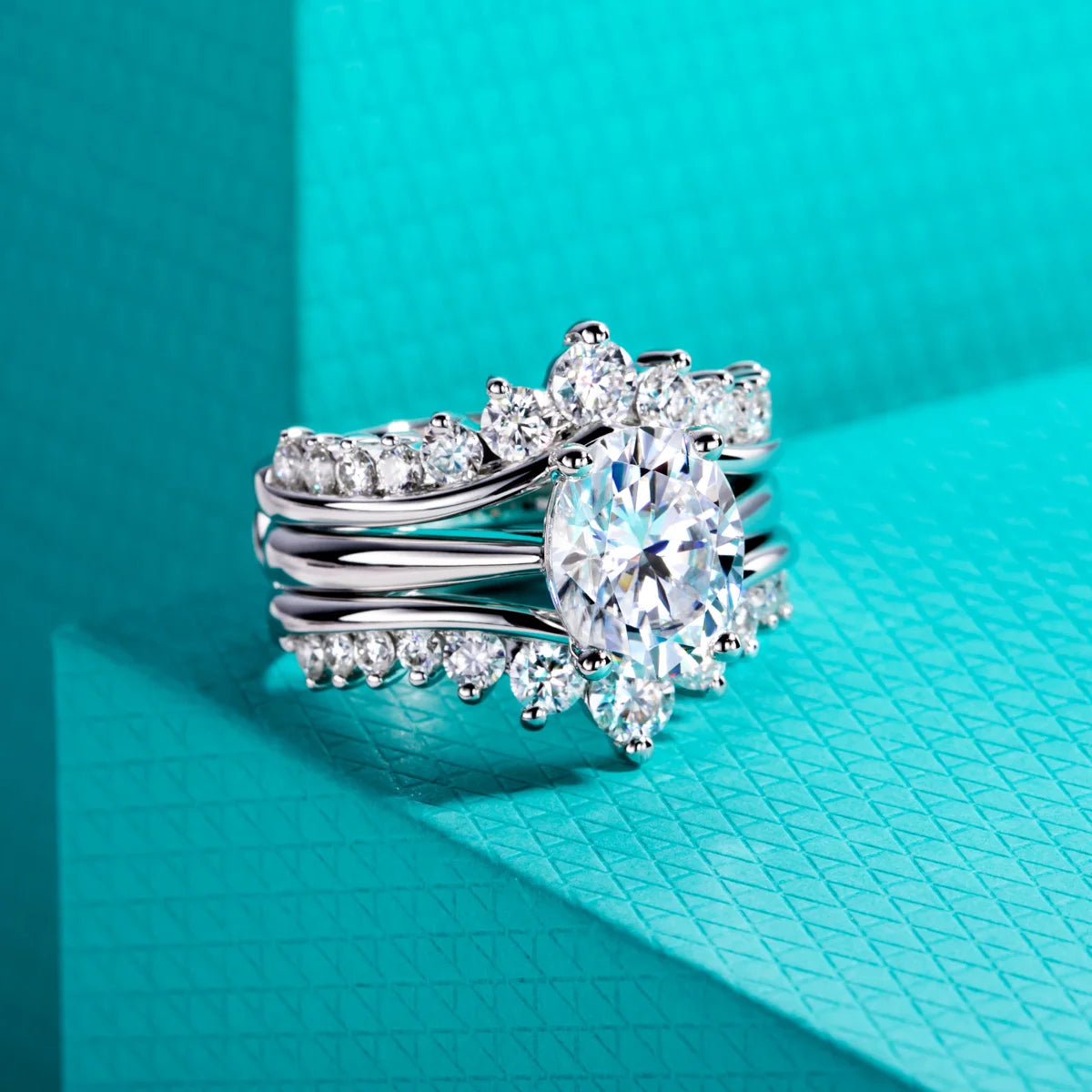 The Neva Ring — 3ct oval moissanite bridal set, front view — Aurora Moissanite