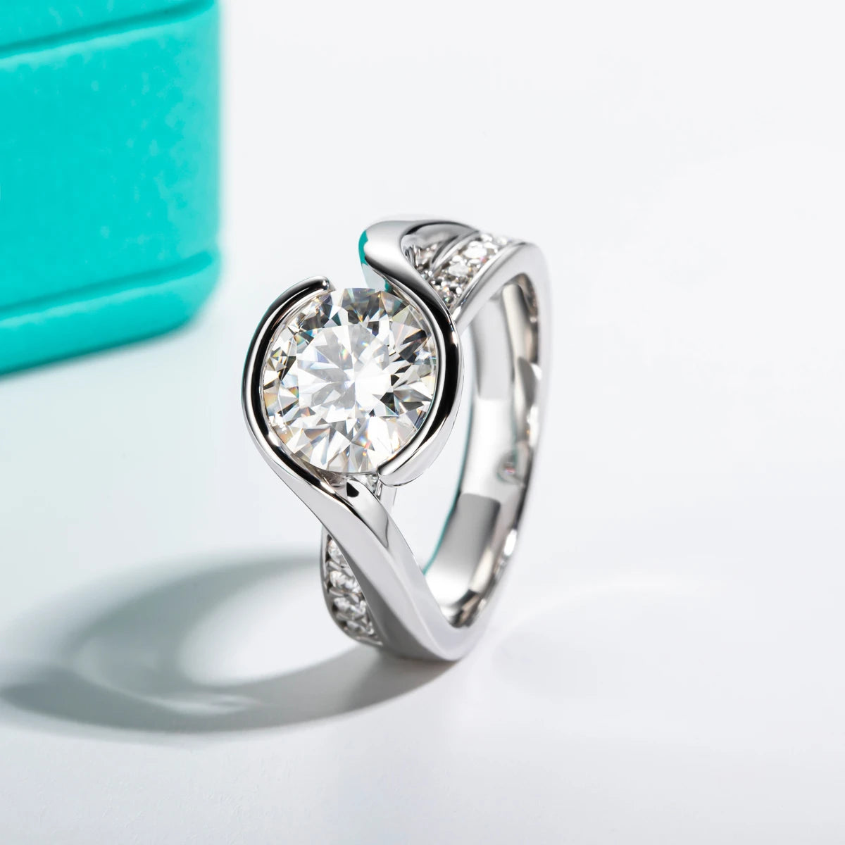 The Dara Ring — 3ct round moissanite bezel, front view, 18K gold plated — Aurora Moissanite