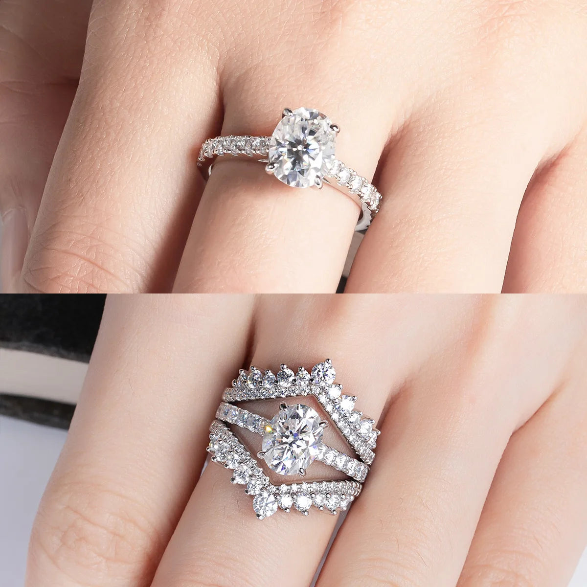 The Rion Ring worn — 2ct oval moissanite, 18K gold — Aurora Moissanite
