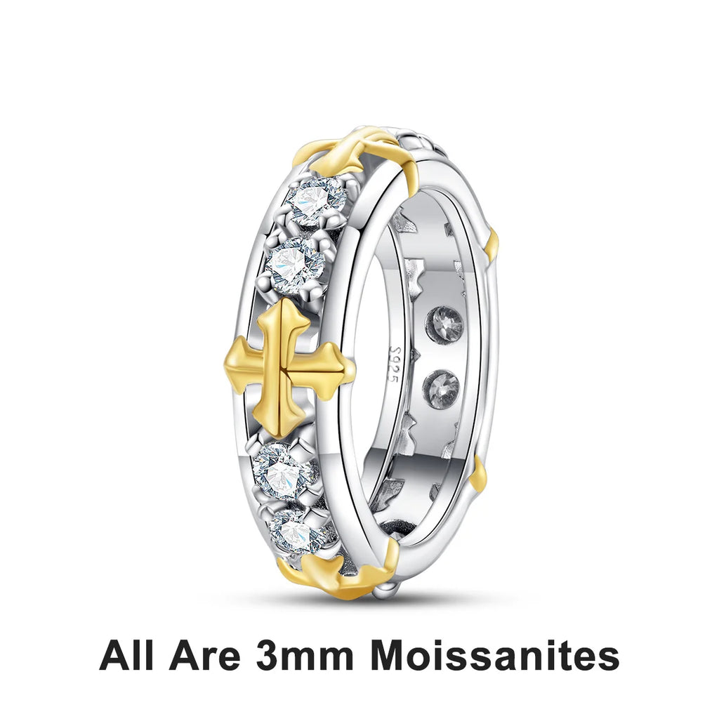 The Lace Band worn — 3mm moissanite cross eternity ring, 18K white gold plated — Aurora Moissanite