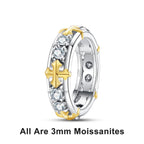 The Lace Band worn — 3mm moissanite cross eternity ring, 18K white gold plated — Aurora Moissanite