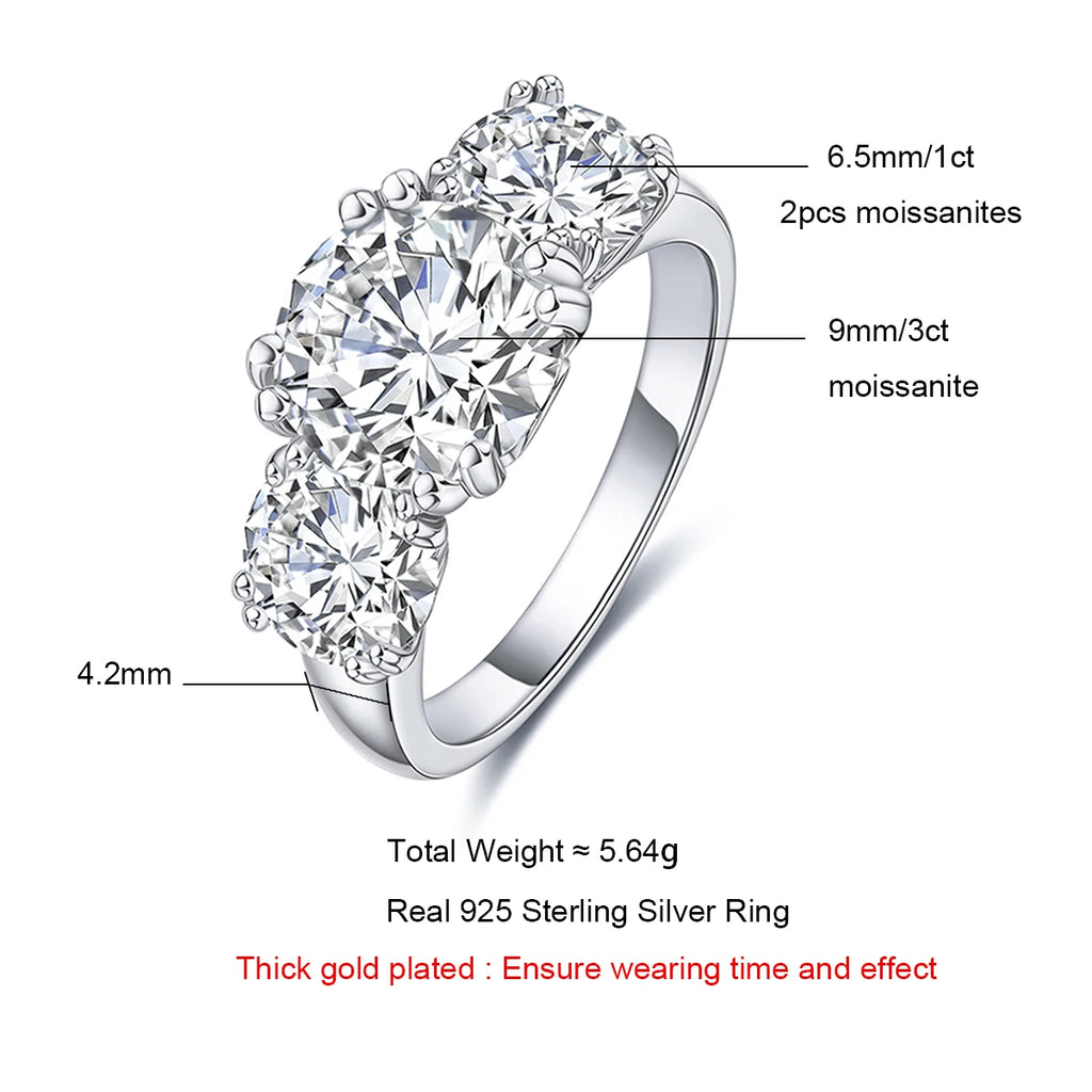 The Bryn Ring — 5cttw three stone moissanite, front view, 18K gold — Aurora Moissanite