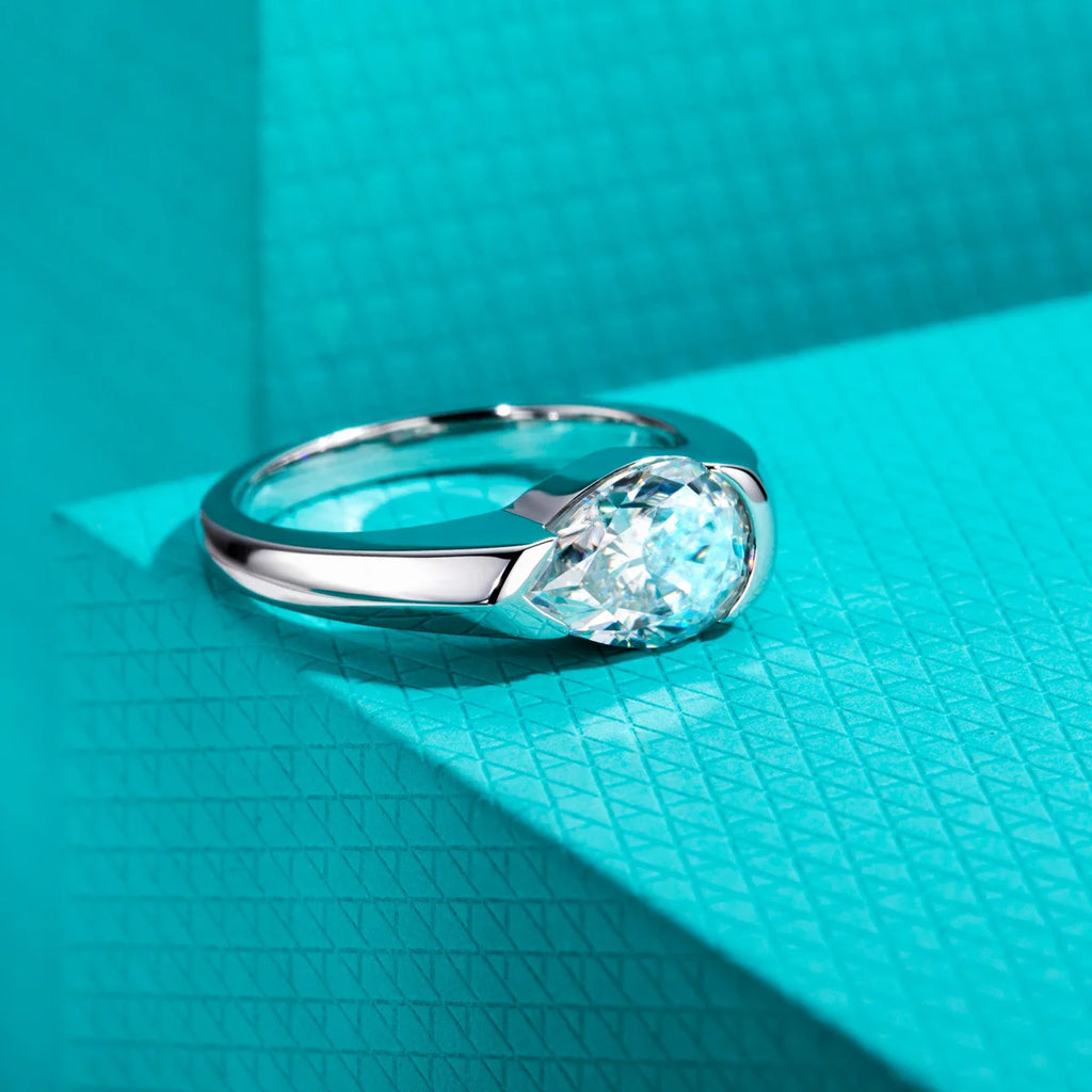 The Kade Ring — 2.5ct pear moissanite tension mount, front view — Aurora Moissanite