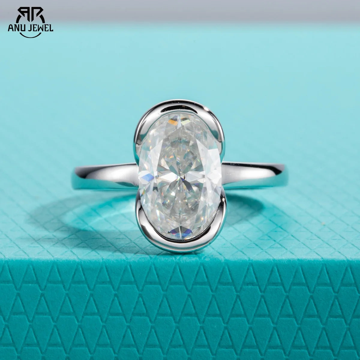 3ct oval moissanite half-bezel solitaire, S925 sterling silver — Aurora Moissanite