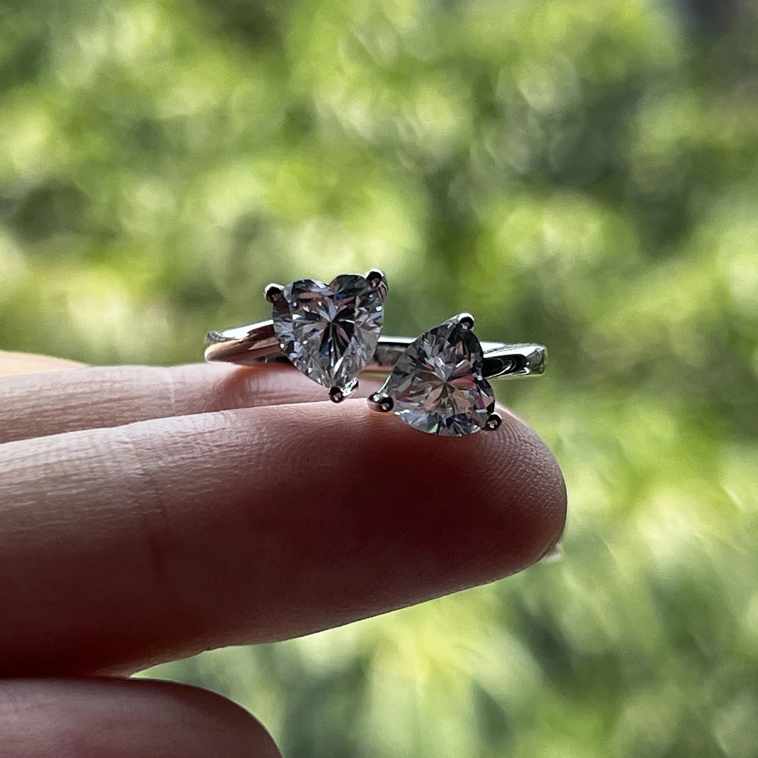 The Calla Ring — 2ct heart moissanite adjustable open ring, front view — Aurora Moissanite