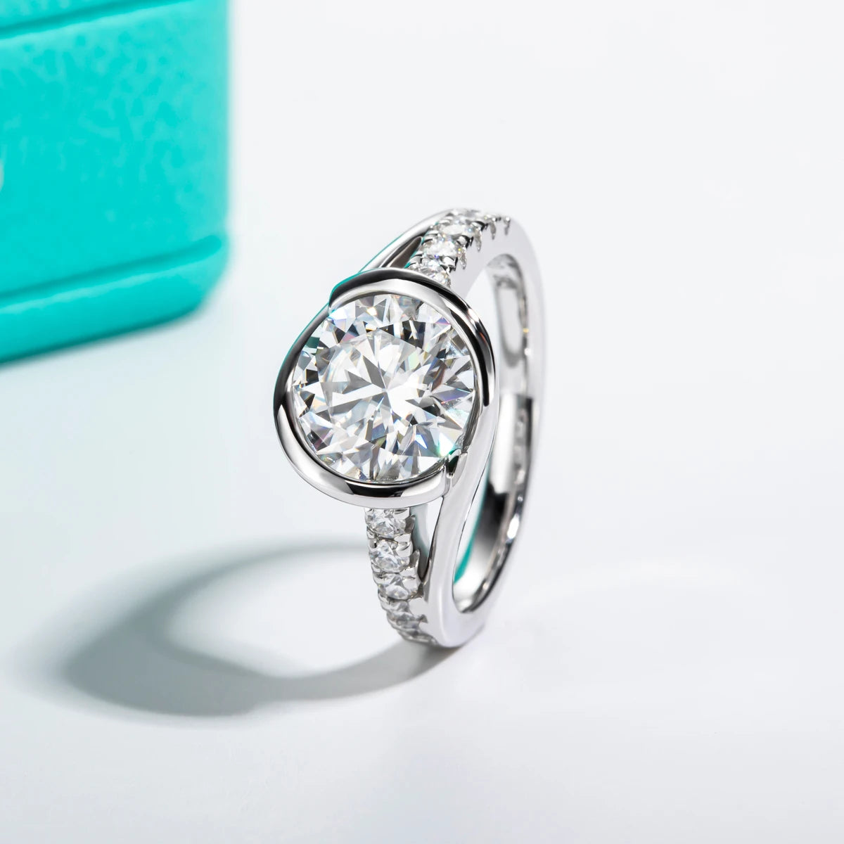 The Cove Ring — 3ct round moissanite full bezel solitaire, front view, S925 silver — Aurora Moissanite