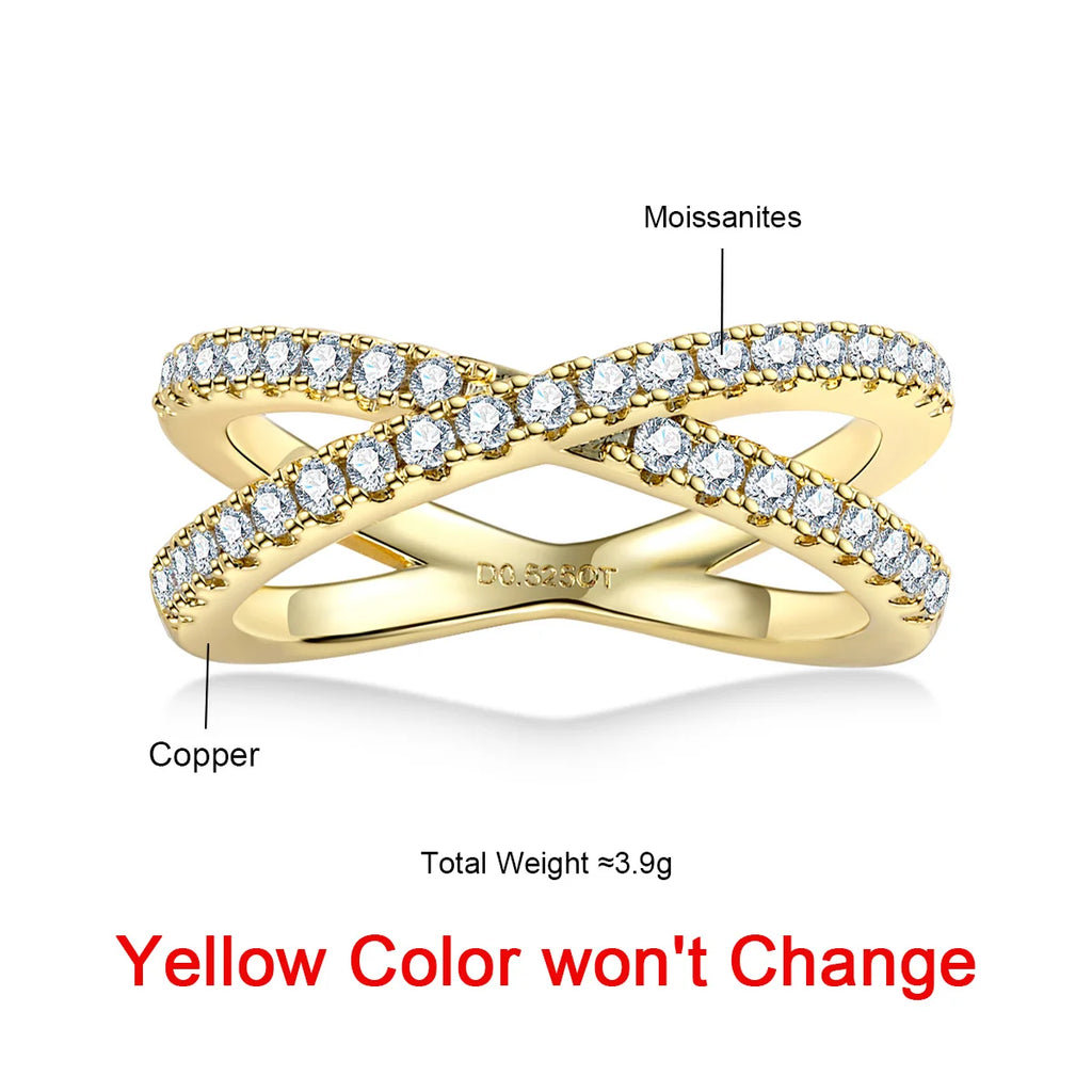 The Thorn Band — 1.5mm moissanite X crossover ring, front view, 18K gold plated — Aurora Moissanite