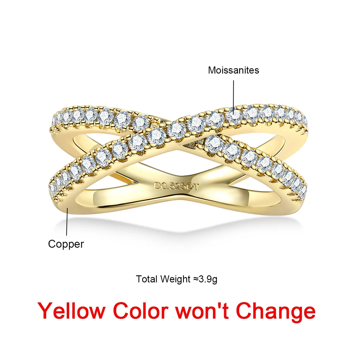 The Thorn Band — 1.5mm moissanite X crossover ring, front view, 18K gold plated — Aurora Moissanite