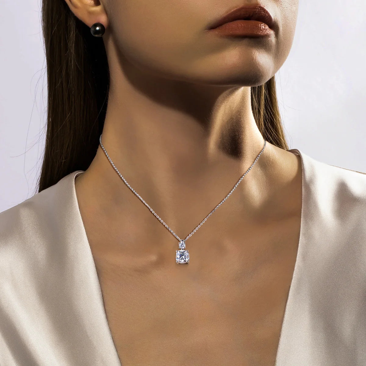 Cushion moissanite solitaire pendant D color VVS1, top view — Aurora Moissanite