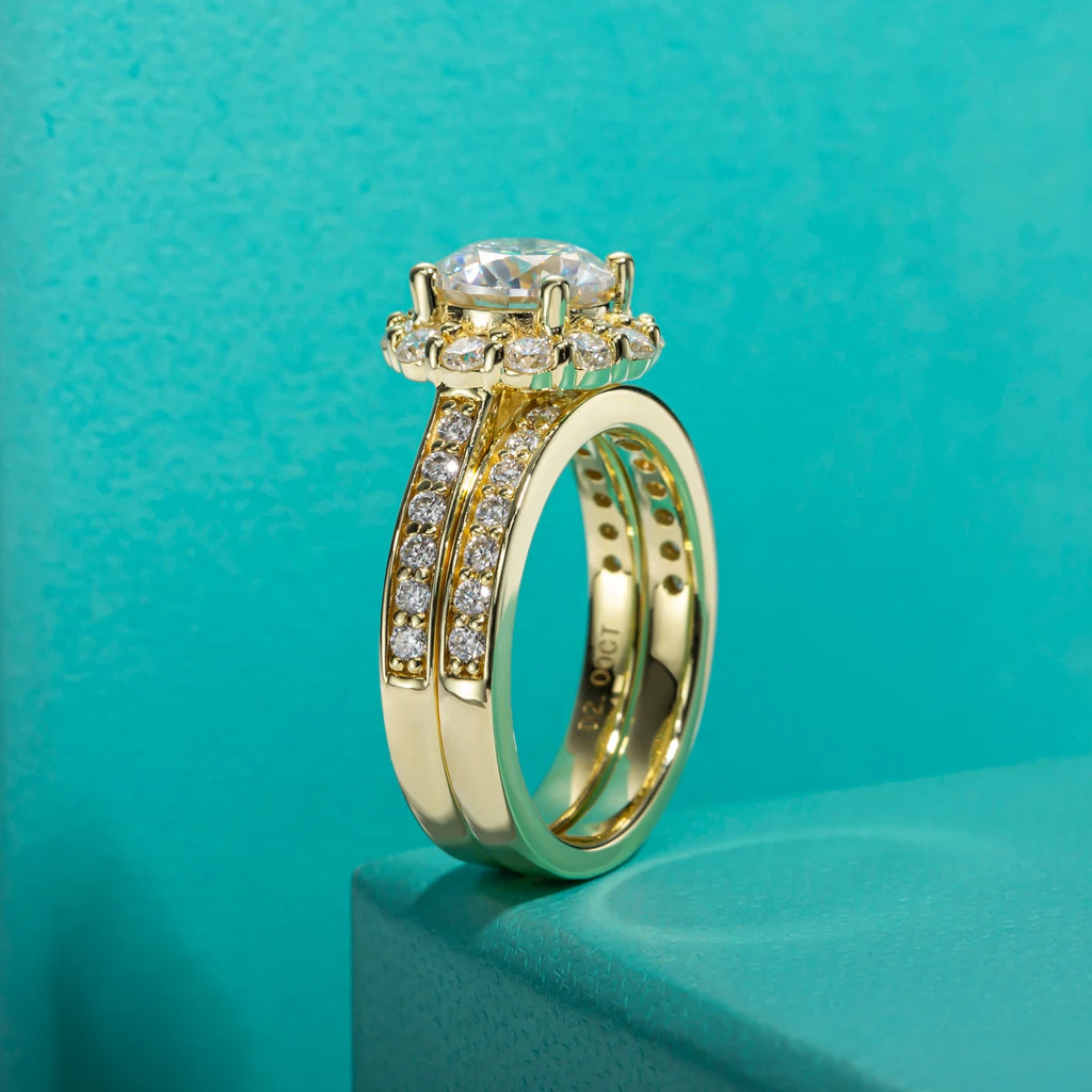 The Clair Ring — 2ct round moissanite bridal set, front view, 14K yellow gold — Aurora Moissanite