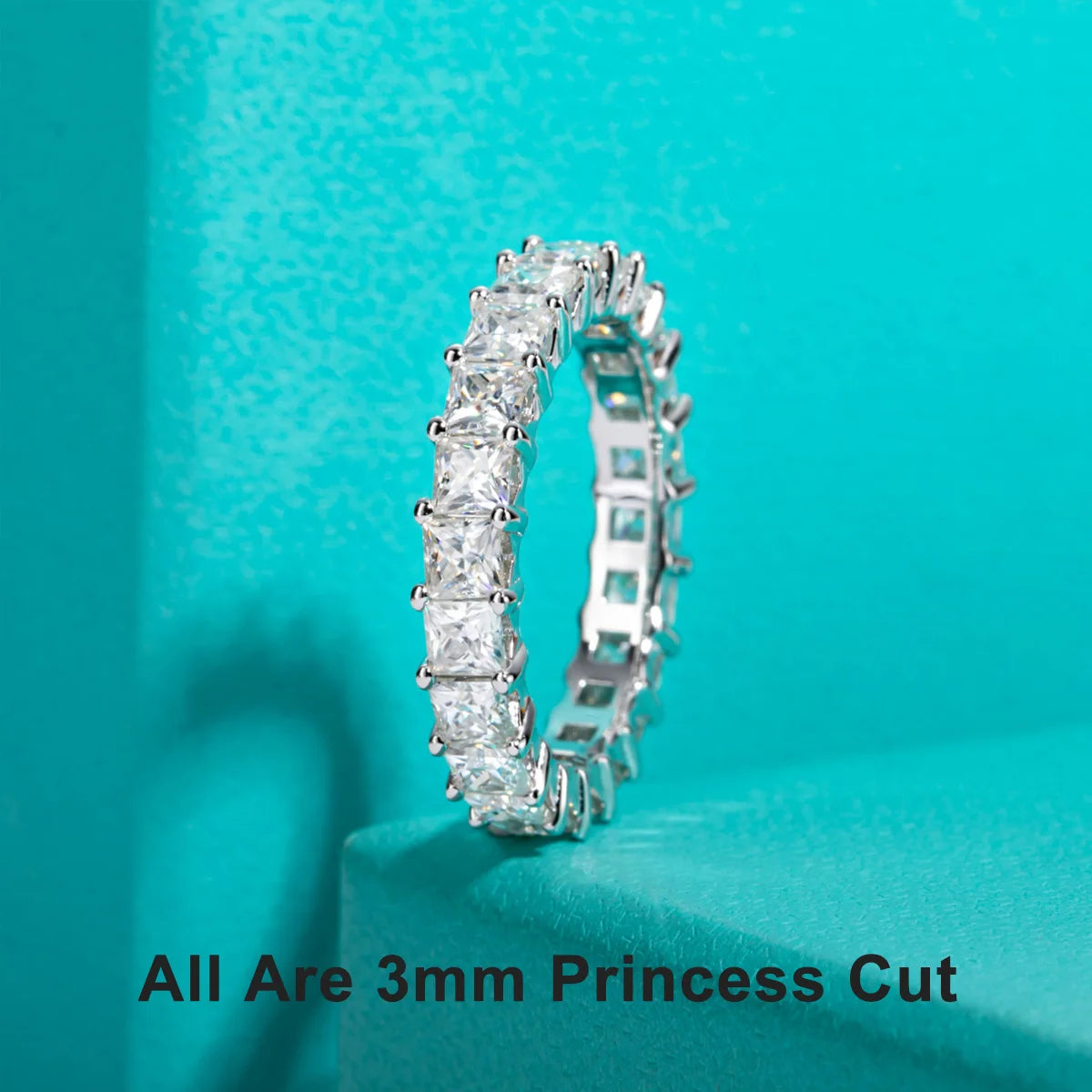 The Crest Band worn — 3mm princess cut moissanite eternity band, 18K gold — Aurora Moissanite