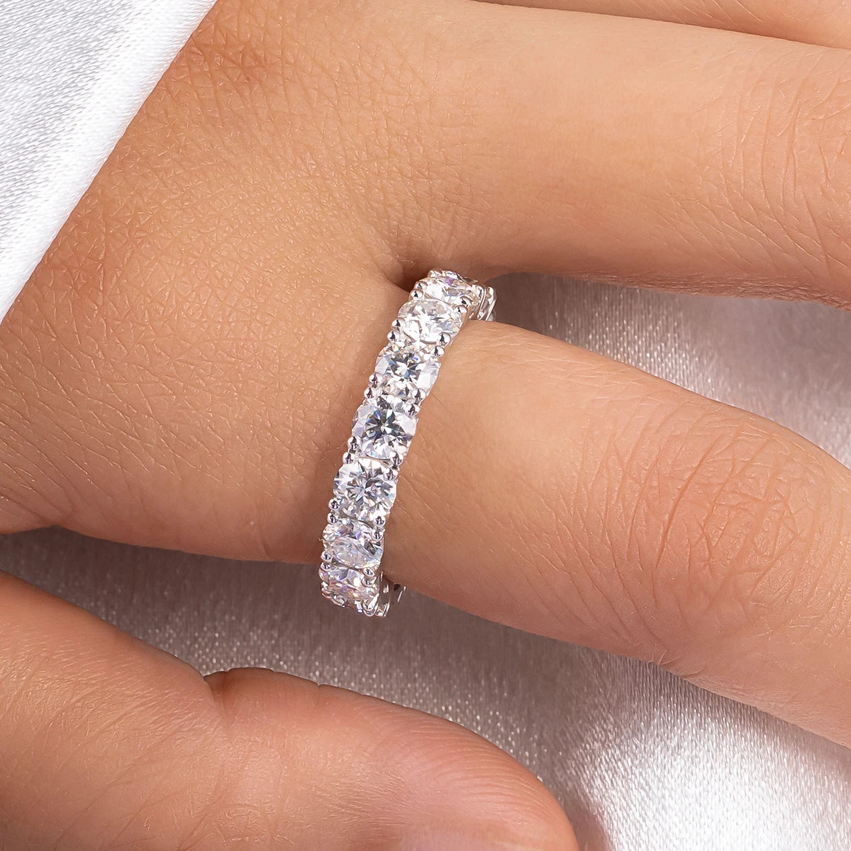 The Lux Band worn — 4mm moissanite full eternity band, rhodium plated S925 — Aurora Moissanite