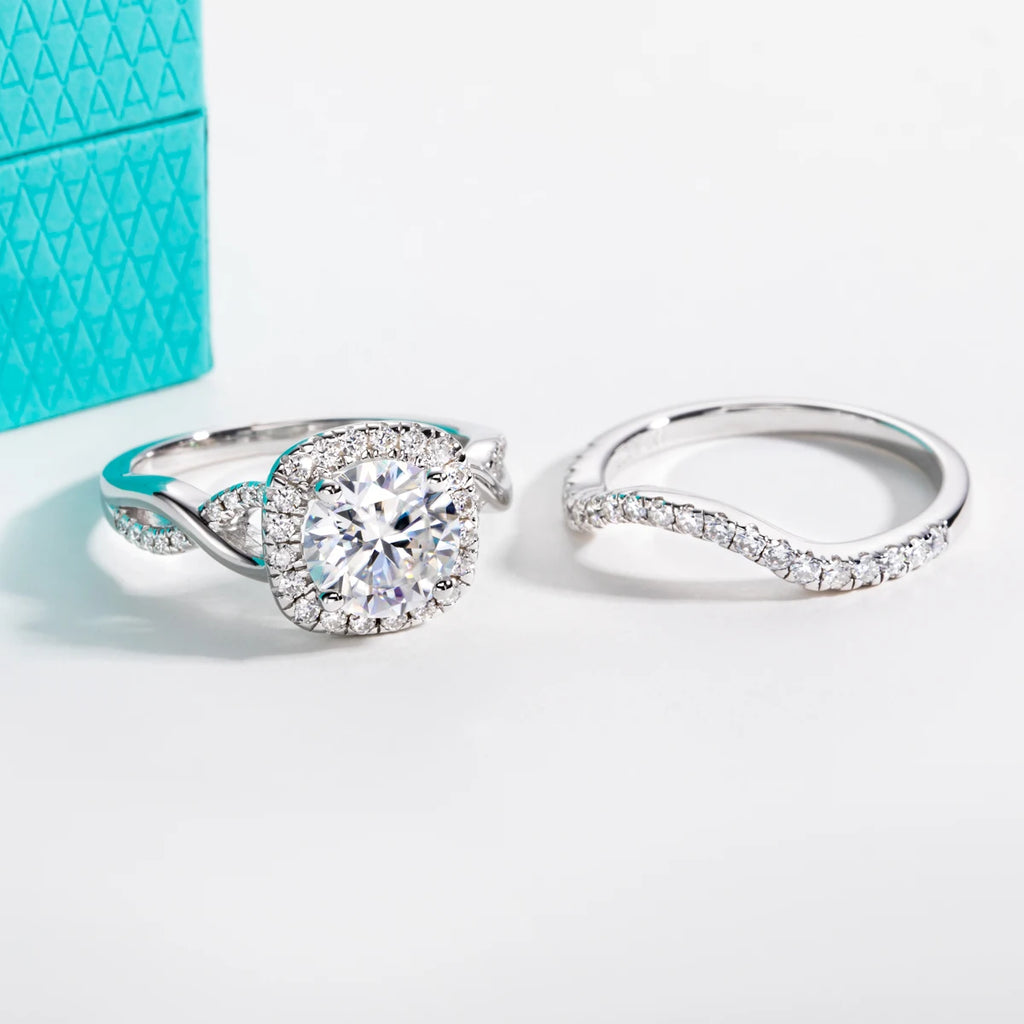 The Iona Ring worn — 2ct halo moissanite infinity bridal set, 18K gold — Aurora Moissanite