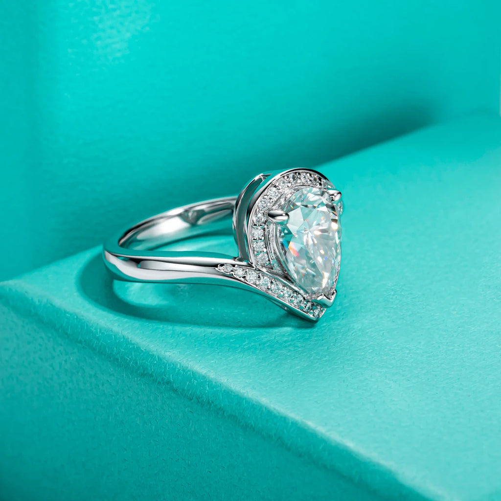 The Bria Ring — 2.5ct pear halo moissanite ring, front view — Aurora Moissanite