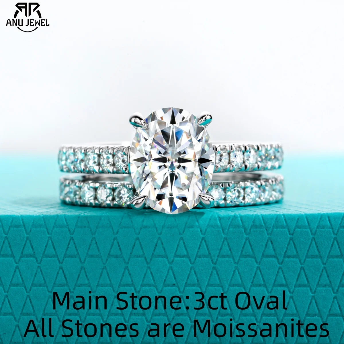 3ct oval moissanite bridal set 4.042cttw total, S925 — Aurora Moissanite
