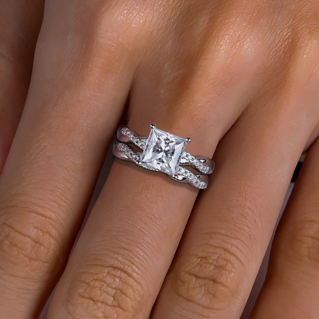 The Lana Ring lifestyle — princess moissanite bridal set worn on finger — Aurora Moissanite
