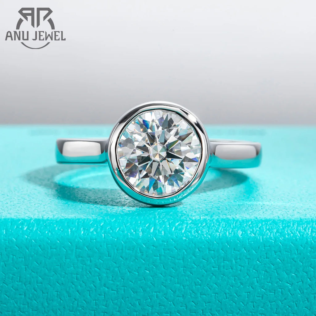 Round moissanite bezel engagement ring 1ct 2ct 3ct, S925 sterling silver — Aurora Moissanite