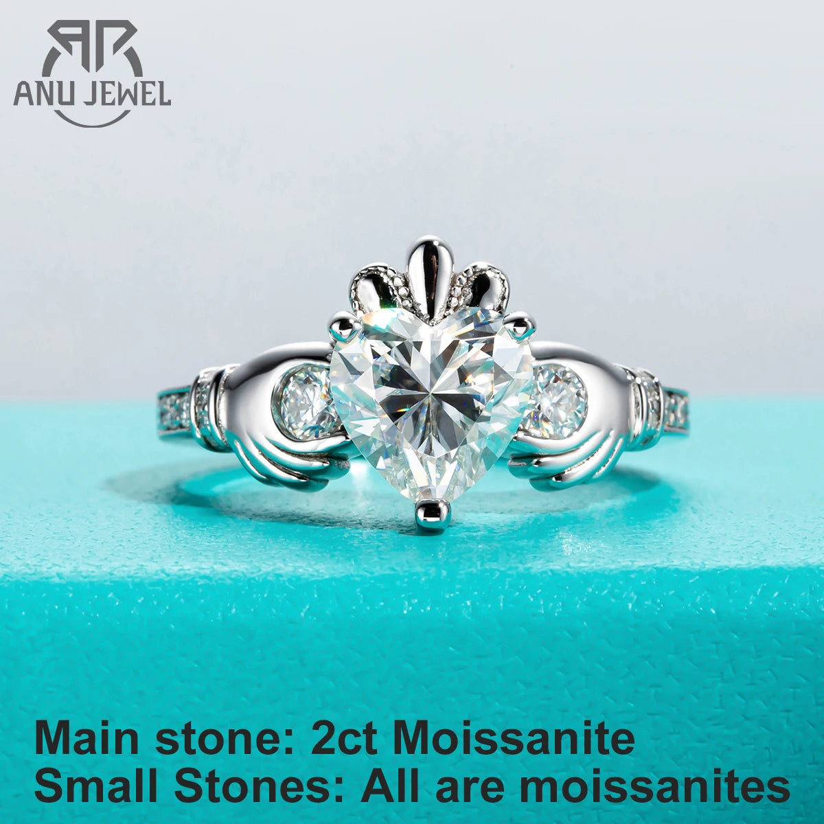 2ct heart gray moissanite Claddagh Irish ring, S925 sterling silver — Aurora Moissanite