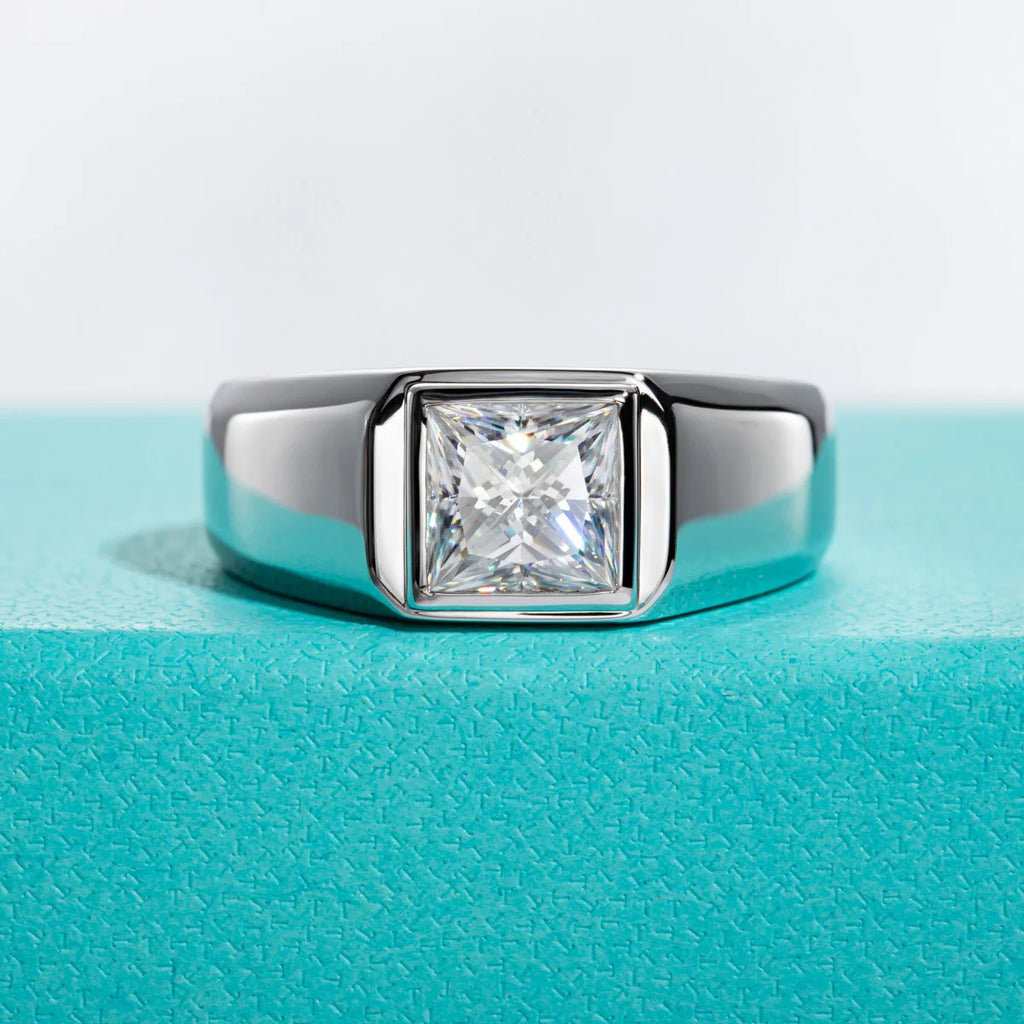 The Rex Ring — 2ct princess moissanite men's ring, front view — Aurora Moissanite