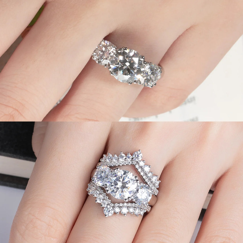 The Bryn Ring worn — 5cttw three stone moissanite ring, 18K gold, sizes 4–10 — Aurora Moissanite