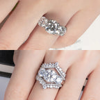 The Bryn Ring worn — 5cttw three stone moissanite ring, 18K gold, sizes 4–10 — Aurora Moissanite