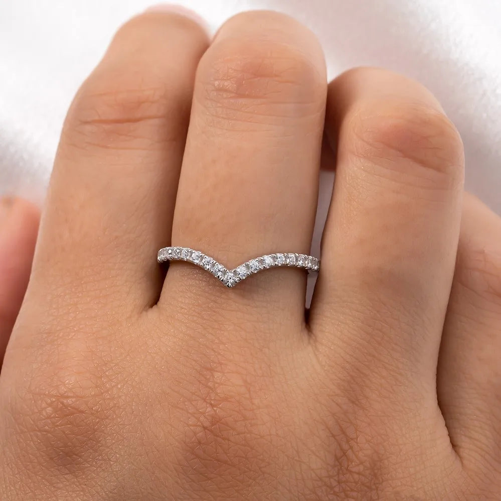 The Glow Band worn — moissanite V-row wedding ring, 18K white gold plated — Aurora Moissanite