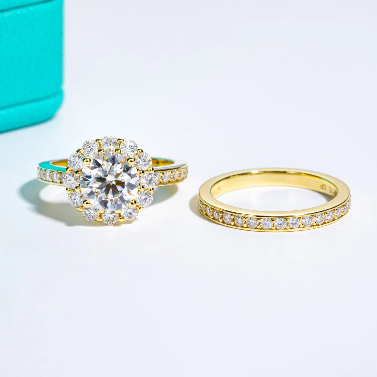 2ct moissanite bridal set, side profile, 14K yellow gold plated sterling silver — Aurora Moissanite